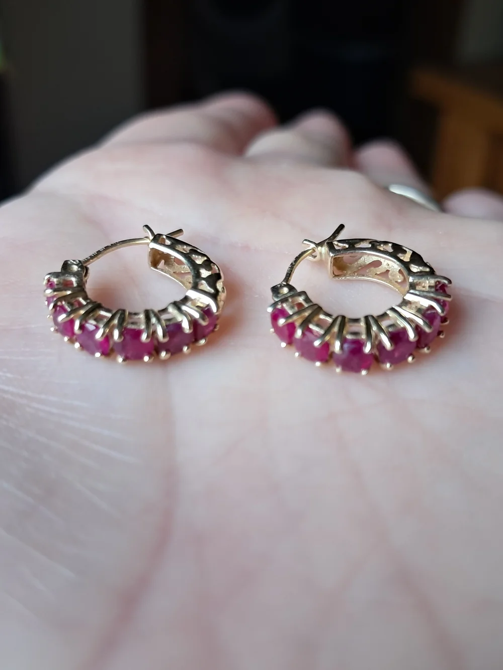 14K Gold Huggie Hoop Earrings with Ruby Gem Accents
